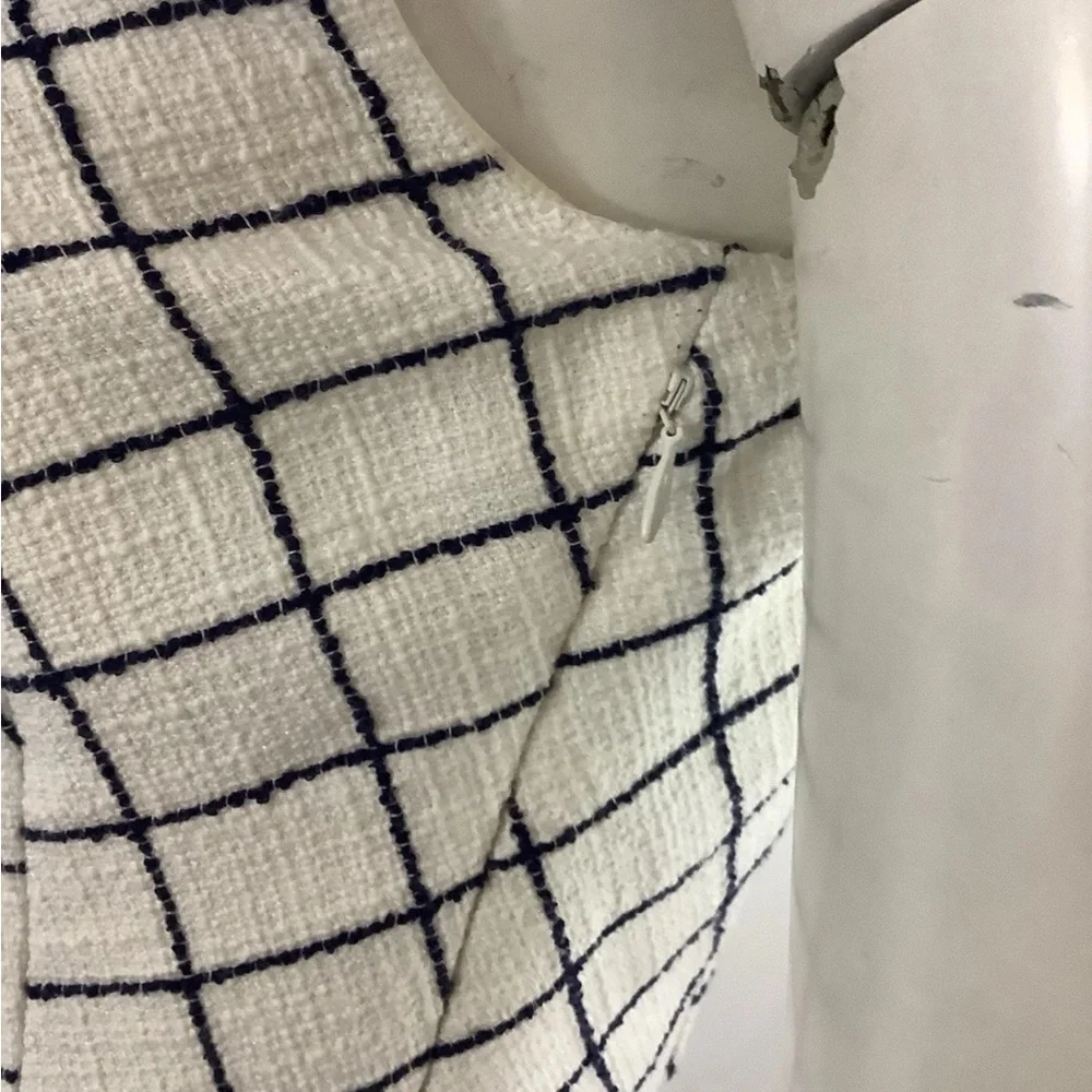 J Crew Sz 2 Windowpane Print A-Line Business Casual Dress Blue White Cotton